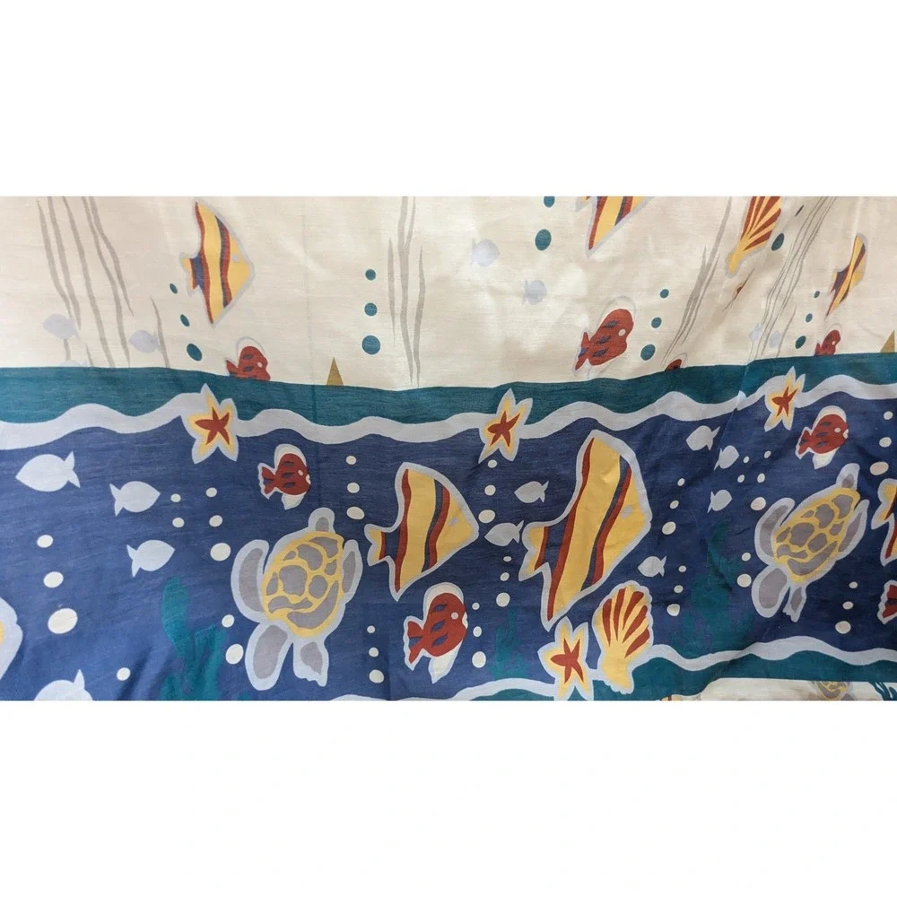 Vintage 80s 90s Shower Curtain Blue White Fish Sea Turtle Seahorse Ocean Theme
